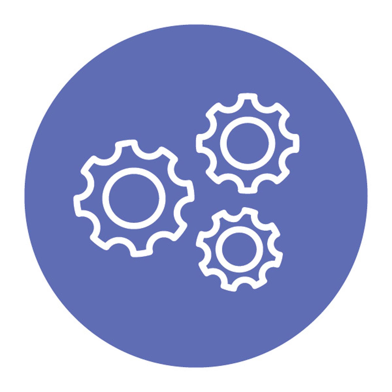 A purple circle with 3 gears in the center